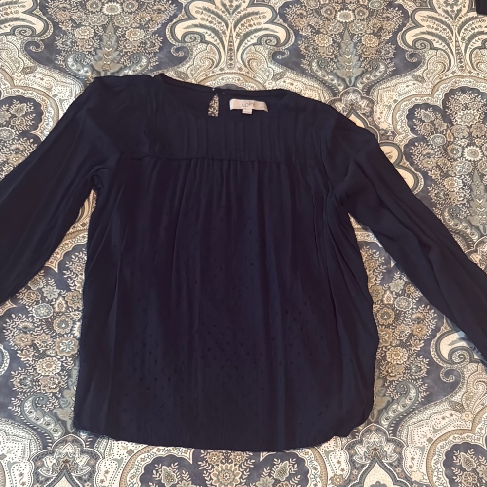 LOFT Blue Pleated Blouse with Bib Collar